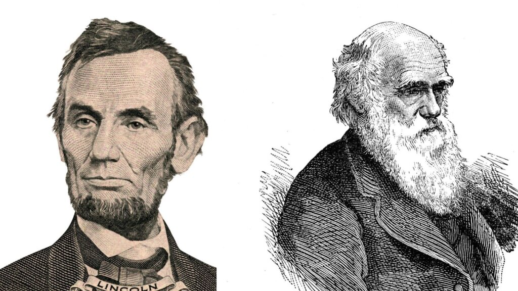 Portrait photos of Abraham Lincoln and Charles Darwin