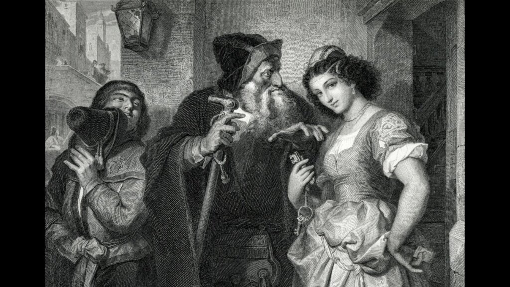 Historic engraving from 1876 showing the Shakespearean play The Merchant of Venice.