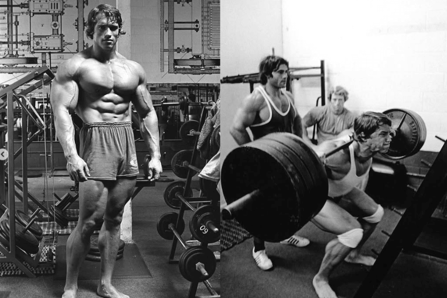 The photo shows a young Arnold Schwarzenegger in a gym, exuding muscular strength in one pose and performing an intense barbell squat with heavy weights, supported by two spotters in another.