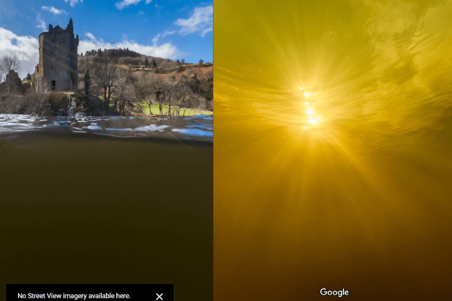 This image shows two contrasting scenes. The left side features a partially submerged view of a historic stone tower or castle on a hill, with the landscape and blue sky visible above water. The right side displays an underwater view with sun rays filtering through a yellowish-green hue, creating an ethereal, almost otherworldly effect. The combination suggests a dual perspective, above and below the water's surface, possibly hinting at exploration or mystery surrounding a location with historical significance.