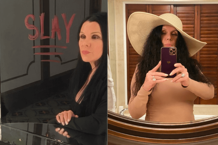 This photo shows a woman with long dark hair, confidently posing in two different settings—one in front of a mirror with the word "SLAY" written in bold red letters and another taking a selfie while wearing a wide-brimmed hat, showcasing her style and self-assured demeanor.