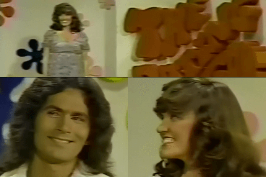 The image is a collage of three frames from an episode of The Dating Game, featuring scenes that likely inspired Woman of the Hour.

Top Frame: A woman contestant stands on stage, smiling, with retro floral decor and the iconic Dating Game sign in the background. The bright colors and playful design are characteristic of the show’s 1970s aesthetic.

Bottom Left Frame: A close-up of a male contestant, possibly Rodney Alcala, with long hair and a charming smile. His relaxed expression contrasts with the unsettling knowledge of his real-life crimes, creating an eerie undertone when viewed in retrospect.

Bottom Right Frame: A close-up of the female contestant, smiling and looking off-camera, appearing engaged and cheerful.

This collage captures the cheerful and lighthearted atmosphere of The Dating Game, which stands in stark contrast to the dark reality of one of its contestants. It underscores the contrast between the show's playful premise and the disturbing truth about Alcala’s hidden identity.