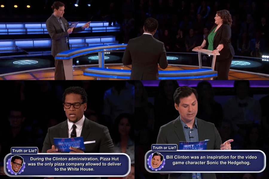 The image shows scenes from the game show "Trust Me, I'm a Game Show Host," where contestants have to determine if statements read by the hosts are true or false. The hosts, each presenting unusual or humorous facts—like Pizza Hut being the only pizza company allowed to deliver to the White House—try to trick contestants into choosing incorrectly. 