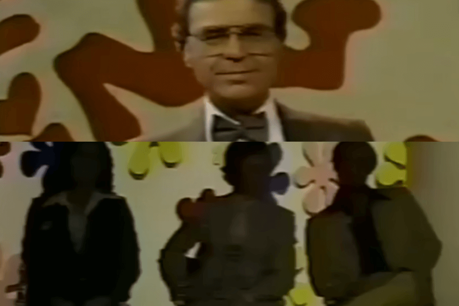 The image is a two-frame collage from The Dating Game show, featuring a retro set with colorful decor.

Top Frame: The host, likely Jim Lange, is shown close-up, dressed in a suit and bow tie, with a friendly expression. The bright, abstract background reflects the 1970s style of the show.

Bottom Frame: A silhouette of three contestants seated on stage, partially obscured by shadows. The colorful, floral wall behind them is visible, adding to the playful set design typical of the show.

The collage captures the cheerful and lighthearted aesthetic of The Dating Game while hinting at the hidden darkness associated with one of the contestants, Rodney Alcala. This imagery emphasizes the contrast between the show’s vibrant appearance and the sinister reality behind one of its participants.