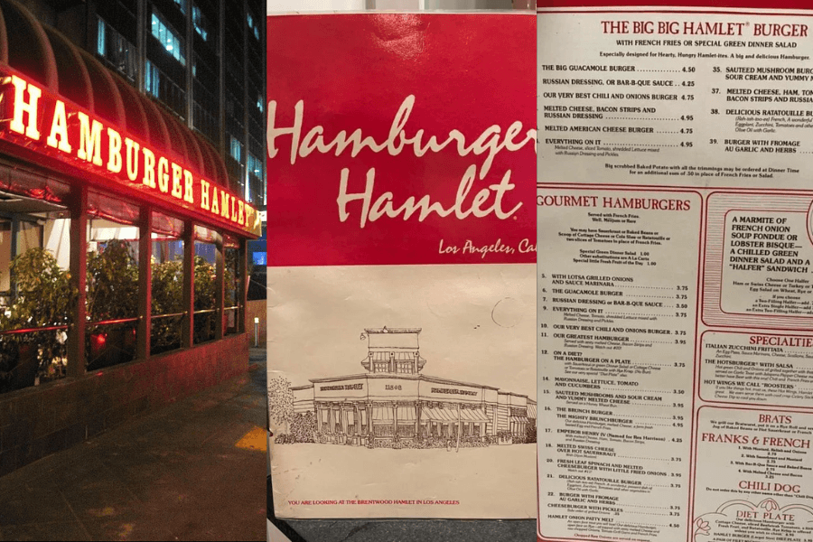 The image showcases Hamburger Hamlet, featuring its iconic red neon-lit exterior, a nostalgic menu with gourmet burger options, and a classic design sketch of its Los Angeles location, evoking memories of upscale casual dining and creative comfort food.