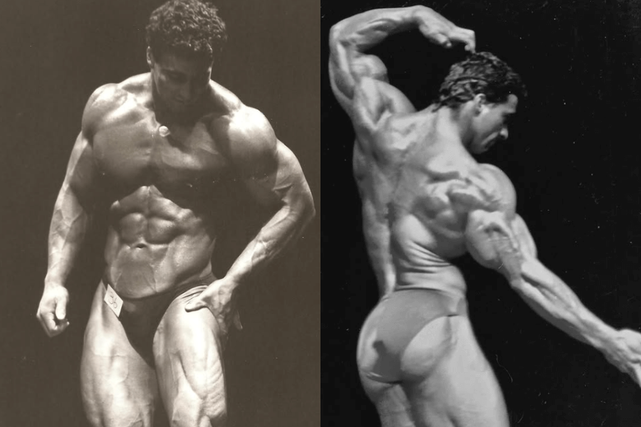 The photo features a bodybuilder in two black-and-white poses, showcasing a muscular physique with defined abs, arms, and back, highlighting their strength and symmetry during a competition or professional display.