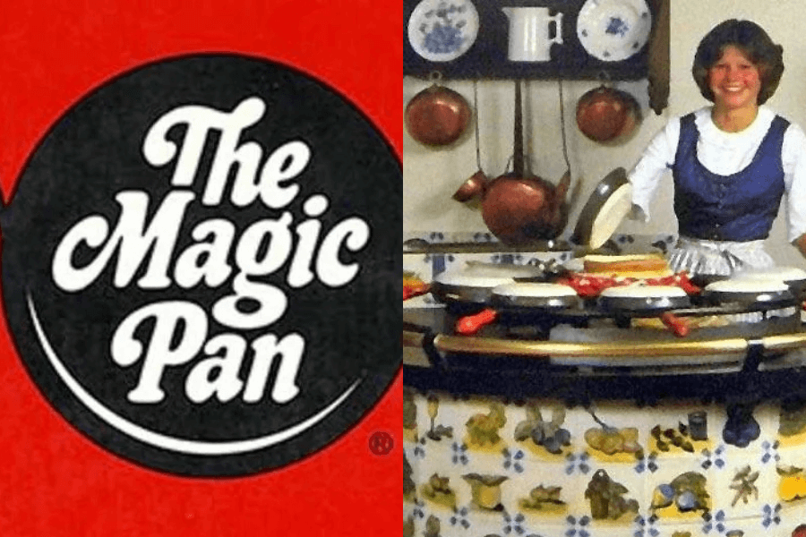 The image showcases The Magic Pan logo alongside a smiling server in a vintage-style uniform preparing crepes on specialized pans, evoking memories of the restaurant’s unique ambiance and its iconic made-to-order crepe dishes.