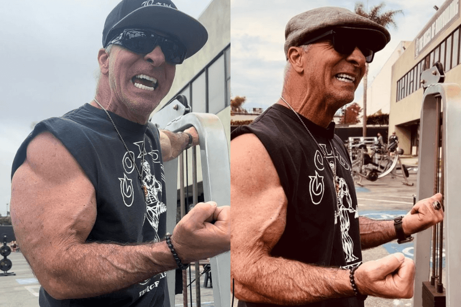 The photo shows a man with a muscular build flexing his arm and gritting his teeth enthusiastically outdoors, dressed in a sleeveless shirt and sunglasses, exuding energy and strength at a gym setting.