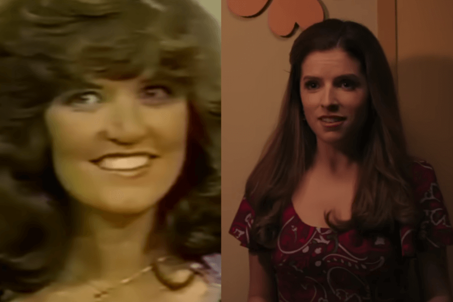 The image is a side-by-side comparison featuring a contestant from the original The Dating Game show and Anna Kendrick in her role from Woman of the Hour. Left Side: A close-up of the female contestant from the original The Dating Game, smiling brightly with a classic 1970s hairstyle. Her expression reflects the upbeat and lighthearted atmosphere of the show. Right Side: Anna Kendrick’s character, dressed in a retro-style outfit, mirrors the look and feel of the era. She has a slight smile but also appears slightly apprehensive, hinting at the underlying tension in the film. This side-by-side comparison emphasizes Kendrick’s portrayal of a character inspired by real contestants on The Dating Game.