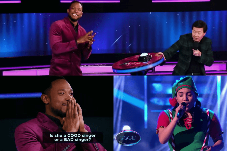 The image shows scenes from the game show I Can See Your Voice, where contestants and celebrity panelists, including Ken Jeong, try to guess if a performer is a good or bad singer without hearing them sing first. The suspense builds as the panelist contemplates whether the contestant, dressed as an elf, will deliver an impressive vocal performance or a hilariously bad one. 