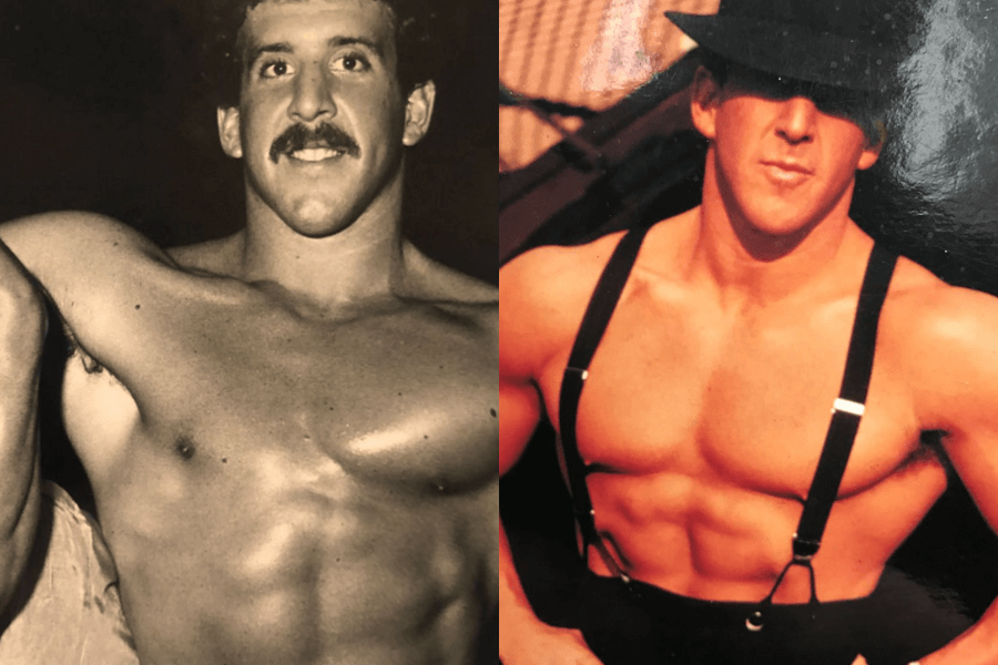 The photo features two images of a muscular man: one in black and white showing him with a mustache, and the other in color with him wearing suspenders and a fedora, highlighting his defined physique.