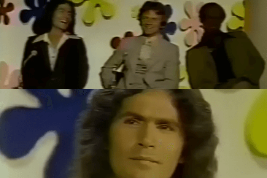 The image is a two-frame collage from an episode of The Dating Game, featuring the male contestants, including Rodney Alcala.

Top Frame: The three contestants are shown on stage, laughing and smiling. The colorful floral decor typical of the show's 1970s aesthetic is visible in the background. Rodney Alcala, on the left, appears cheerful and engaging, blending in with the lighthearted atmosphere of the show.

Bottom Frame: A close-up of Rodney Alcala shows a more serious expression, adding an unsettling tone to the image. His thoughtful, slightly intense gaze contrasts with the playful context of the dating show setting, hinting at the dark reality behind his public persona.