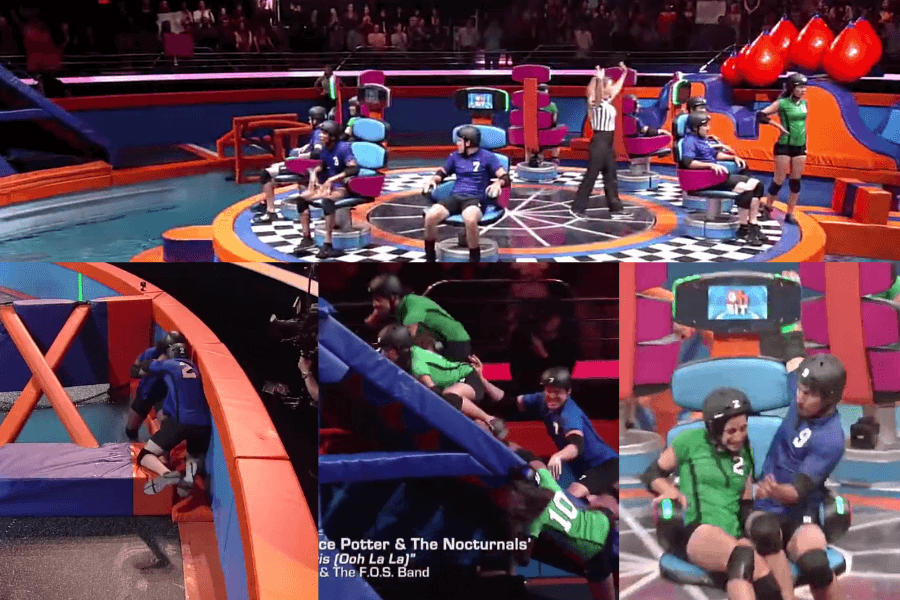 The image shows contestants competing on the game show Oh Sit!, where players race through an intense obstacle course in a high-energy twist on musical chairs. Participants, wearing helmets and pads, scramble to reach seats while navigating challenging physical obstacles, adding an action-packed element to the classic children’s game. 