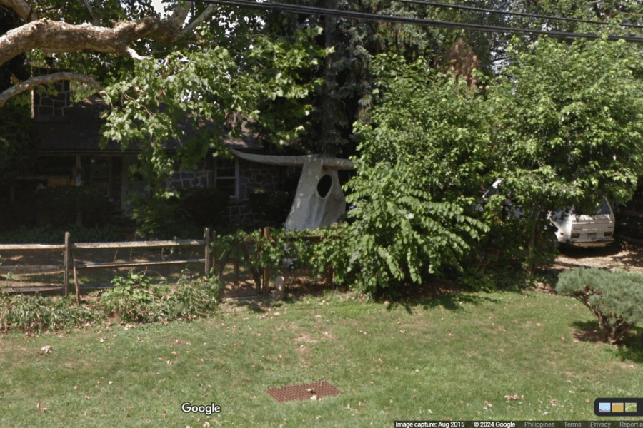 This image shows a leafy residential yard with thick green foliage partially obscuring a small structure that resembles an animal skull.