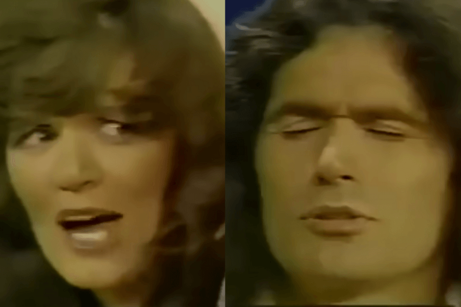 The image is a side-by-side close-up of two contestants from The Dating Game, including Rodney Alcala.

Left Side: A female contestant, likely the bachelorette, is shown in close-up with a surprised or intrigued expression, looking off to the side. Her expression suggests curiosity or even a hint of skepticism, adding a layer of interest to her interaction with the contestants.

Right Side: Rodney Alcala is shown with his eyes closed, as if he is speaking passionately or dramatically, adding an intense, slightly unsettling quality to his demeanor.