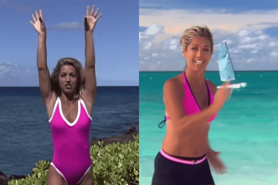 The photo shows a woman in vibrant workout attire performing fitness routines outdoors; on the left, she's by lush greenery and the ocean in a pink one-piece, and on the right, she's on a sunny beach in a pink bikini top and black shorts.