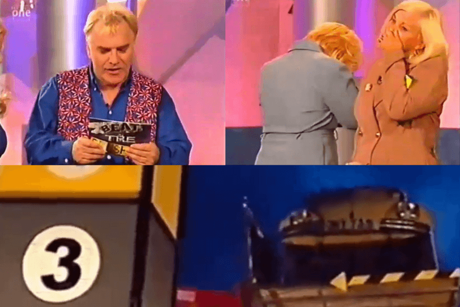 The image shows scenes from the British game show Beat the Crusher, where contestants risk having their car crushed as part of a high-stakes game. The host reads a card while contestants react emotionally, realizing the outcome could mean the destruction of their vehicle. The final shot shows a large crushing machine, ready to destroy the car if contestants fail to win.