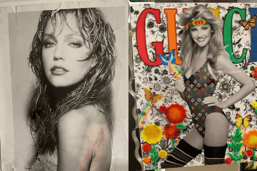 The photo features a black-and-white close-up of a glamorous woman with wet hair on the left, and a vibrant, colorful artwork on the right depicting the same woman styled in a Gucci-themed collage with butterflies and flowers.