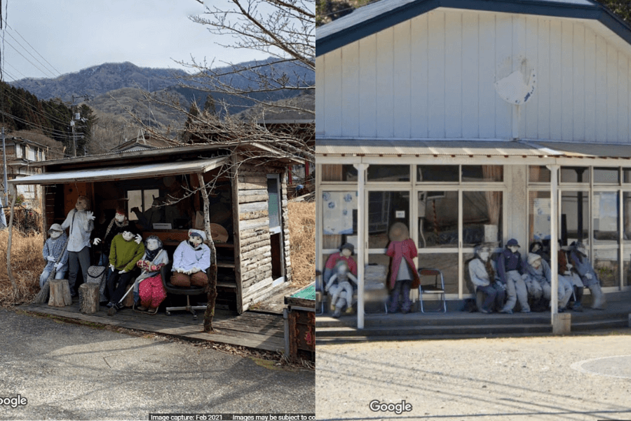 This image shows two scenes featuring life-sized dolls seated outside buildings, dressed in human clothing and arranged in a way that mimics people waiting or socializing, giving an eerie yet intriguing atmosphere in a rural or isolated setting.