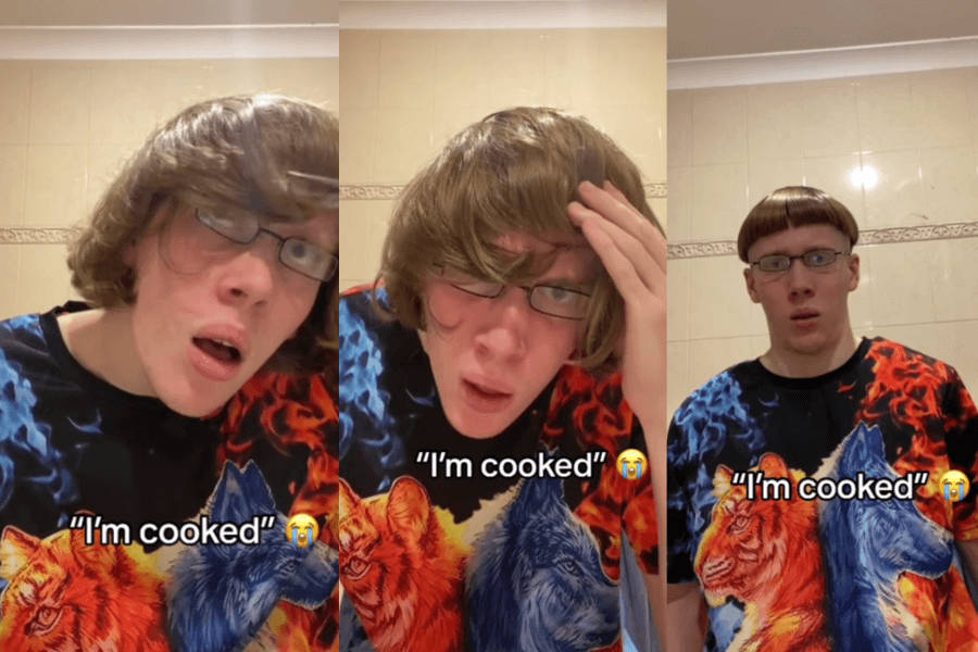 A DIY haircut disaster unfolds in stages as he goes from shaggy hair to a shocked realization of an accidental bowl cut, capturing the full journey from confidence to regret.