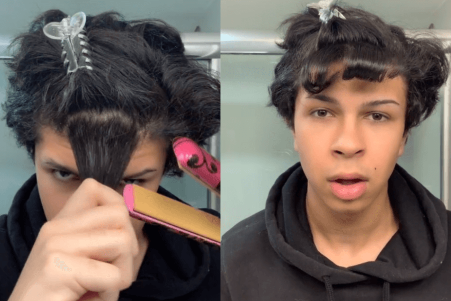 With a determined start, he uses a straightener for precise bangs, only to end up with a short, uneven, and curly fringe that leaves him staring in shocked disbelief.