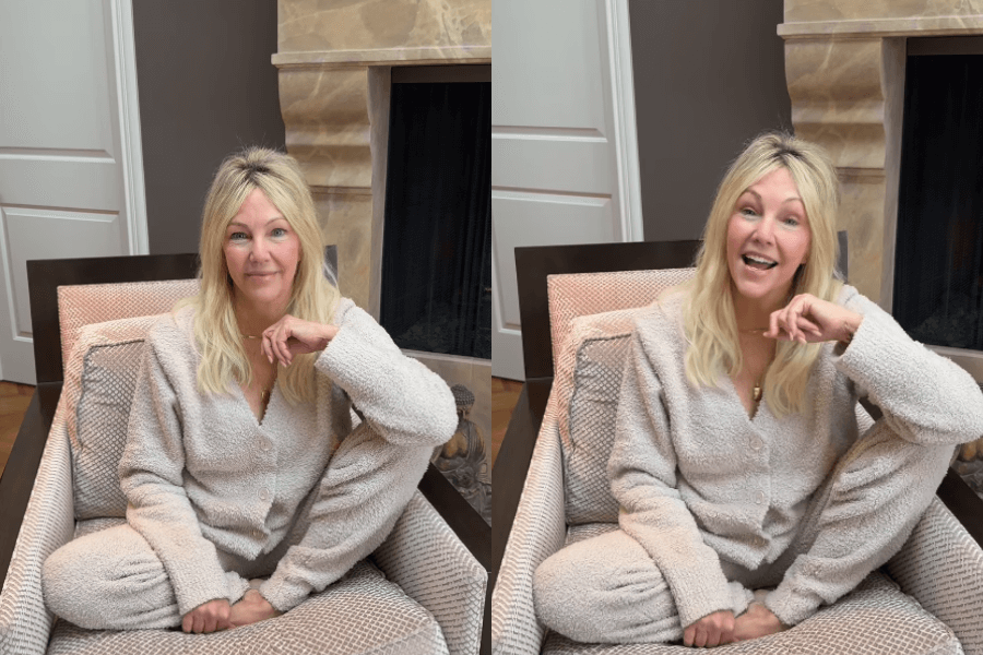 The photo shows a woman with blonde hair sitting comfortably in a cozy chair, dressed in soft loungewear, smiling warmly in one shot and laughing in the other, set against a stylish home backdrop.