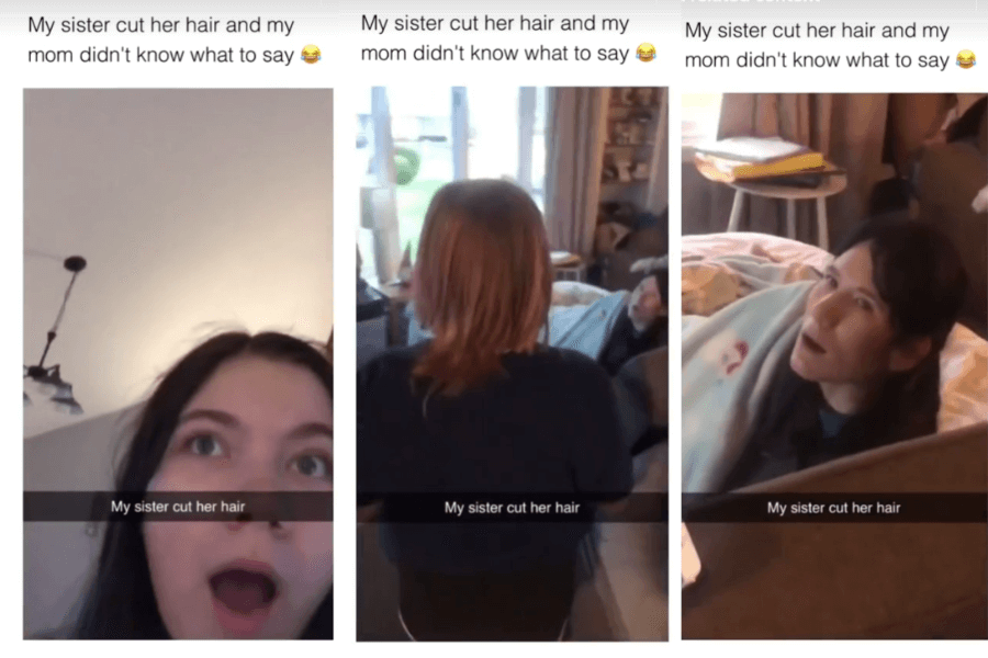 Her bold DIY haircut leaves her family in stunned silence, with her sister’s open-mouthed reaction and her mom’s look of disbelief capturing the unexpected transformation perfectly.