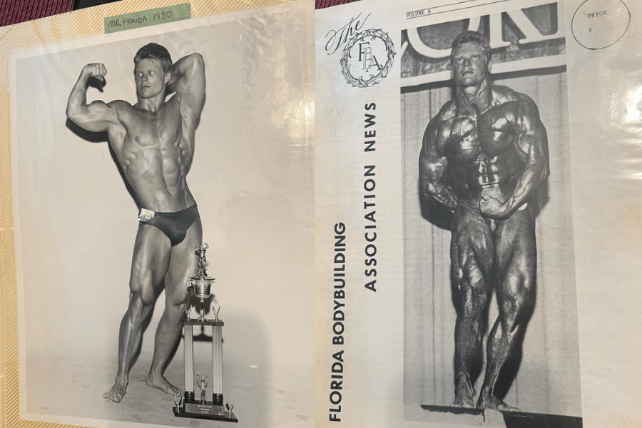 The image shows two vintage black-and-white photographs of a male bodybuilder posing on stage, showcasing his muscular physique; one includes a trophy by his side and the other is featured in a publication.