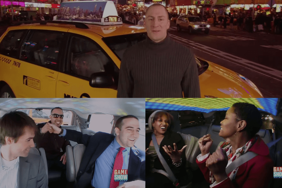 The image shows scenes from the game show Cash Cab, where unsuspecting passengers enter a taxi and are surprised to find themselves on a trivia game show hosted by Ben Bailey. As they answer questions during their ride, they earn cash prizes for each correct answer.