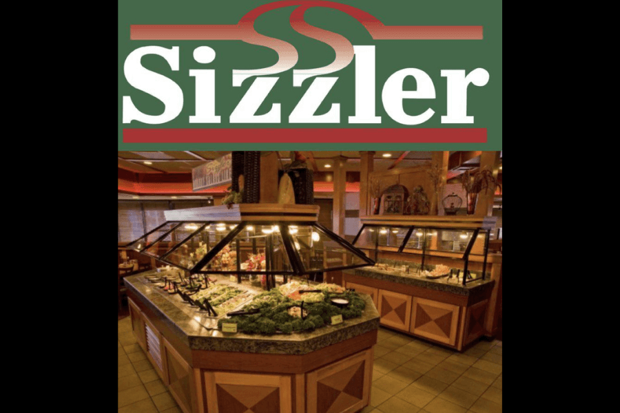 The image features a Sizzler restaurant logo above a warmly lit buffet area showcasing fresh salads, vegetables, and other delicious offerings, evoking a nostalgic atmosphere of family-friendly dining and endless salad bar options.