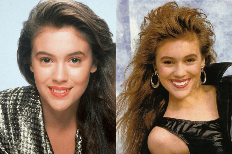 The image features two vibrant portraits of a young woman with long, voluminous hair, one showcasing her in a shimmering blazer and another in a leather outfit, both reflecting cheerful expressions and 1980s fashion.