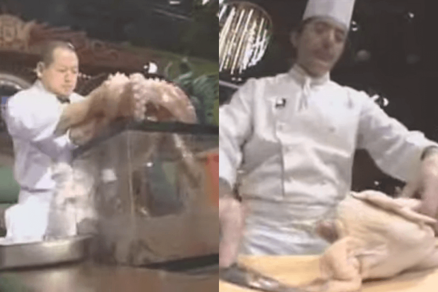 The image shows scenes from the iconic cooking competition show Iron Chef, where chefs take on intense culinary challenges using unique and sometimes intimidating ingredients. On one side, a chef handles a massive octopus, likely preparing it as part of a timed cooking challenge, while on the other side, a chef skillfully prepares a whole chicken.