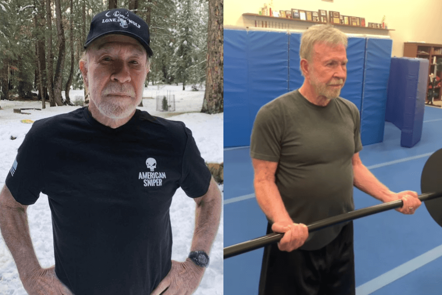 The image shows an older man; on the left, he stands outdoors in a snowy forest wearing a black "American Sniper" t-shirt and cap, while on the right, he lifts a barbell indoors in workout gear.