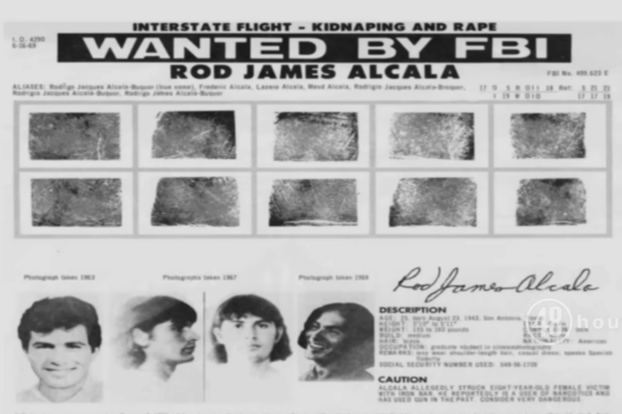 This image is an FBI "Wanted" poster for Rodney James Alcala, also known as the "Dating Game Killer." The poster includes several fingerprints, multiple photographs taken over different years, and a description of Alcala's appearance, aliases, and criminal background, including charges related to kidnapping and assault. His various aliases, height, weight, and other identifying features are also listed. The poster warns of his dangerous nature and advises caution.