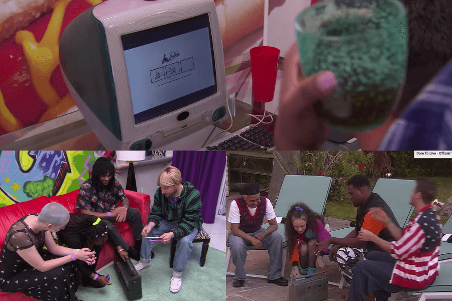 The image shows contestants on the nostalgic reality game show 90’s House, where participants live in a setting designed to emulate the 1990s. They interact with vintage technology, like an old iMac and a CRT television, and tackle challenges involving '90s gadgets and trends. The show immerses contestants in a throwback experience, making them use and adapt to outdated technology while dressing and behaving in '90s style. 