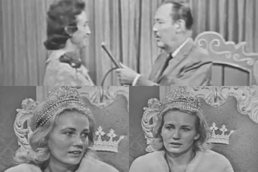 The image shows scenes from the classic television show Queen for a Day, where women shared personal struggles, hoping to be crowned “Queen” and win prizes that could improve their lives. The contestants would emotionally recount their hardships, while the audience, moved by their stories, voted for who they felt deserved the title. The woman crowned as "Queen" wore a robe and crown, symbolizing her victory, and received gifts or aid relevant to her needs. 