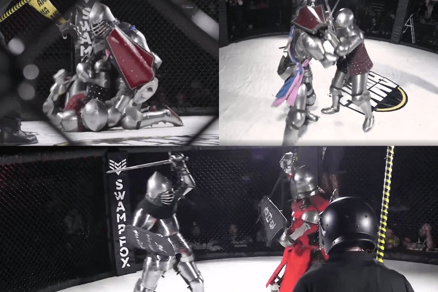 The image shows contestants engaged in Medieval MMA, a unique combat sport where fighters, dressed in full medieval armor and wielding swords and shields, battle inside a cage similar to traditional MMA fights. 