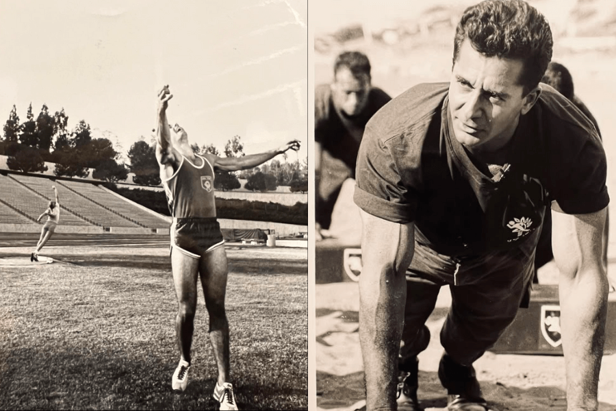 The image shows a black-and-white photo of a man performing athletic activities: in one frame, he seems throwing a javelin on a sports field, and in the other, he is doing intense push-ups with a focused expression.