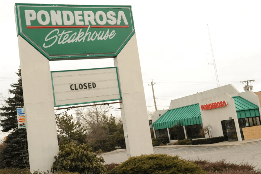 The image shows a closed Ponderosa Steakhouse, featuring its iconic green sign with "Closed" displayed below. The restaurant building in the background has green awnings, symbolizing the end of an era for this classic chain.