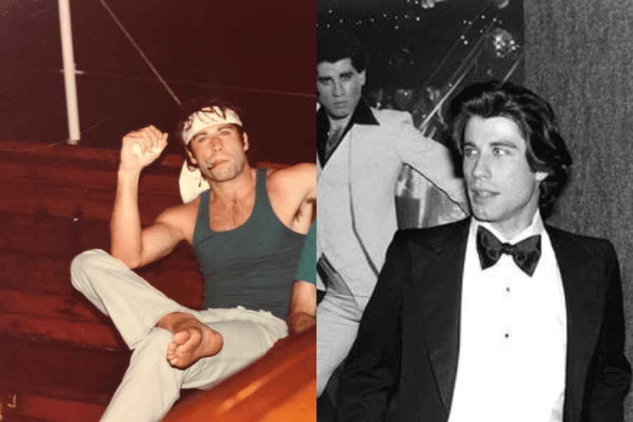 The photo shows a young man in two contrasting scenes: sitting casually in a boat in a tank top and headband, and in a formal setting wearing a tuxedo alongside a backdrop of a dance floor.