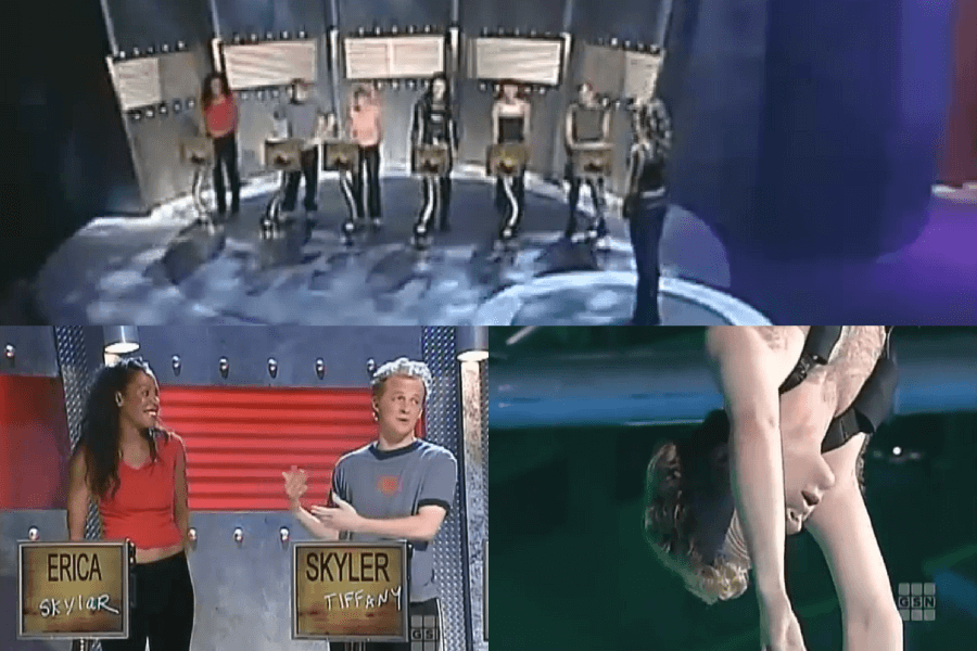 The image shows scenes from the game show Dog Eat Dog, where contestants face physical and mental challenges in an elimination format. In one scene, contestants stand on a stage holding briefcases, while in another, a contestant is performing a physically demanding task—suspended upside-down in mid-air. 