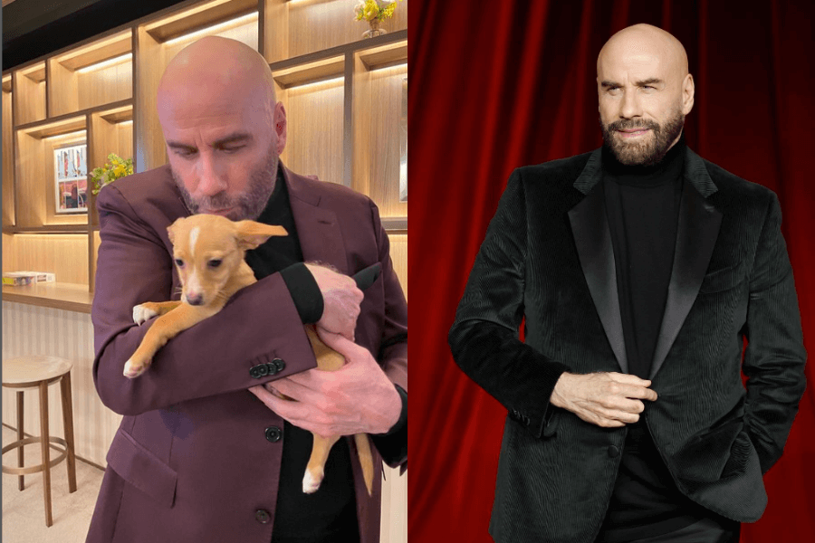 The photo shows a man with a shaved head, in one image lovingly cradling a small tan puppy, and in the other posing confidently in a dark formal jacket against a red curtain backdrop.