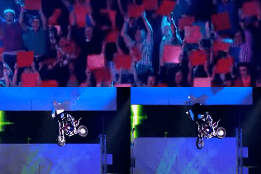 The image shows scenes from the extreme stunt competition show Red or Black?, where contestants perform daring feats, such as performing motorcycle stunts in mid-air. The audience holds up red or black cards, likely representing their votes or guesses on the outcome of each challenge. 