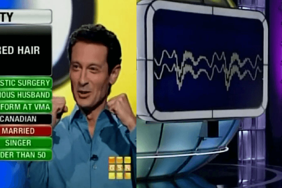 The image shows a scene of a contestant appearing excited or confident, while a monitor displays wave-like patterns, possibly as part of a lie detector segment or guessing aid. 