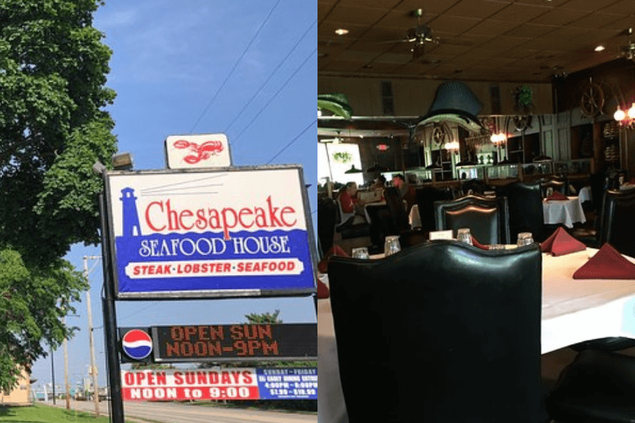 This image features Chesapeake Seafood House, with its iconic sign highlighting steak, lobster, and seafood specialties, alongside an elegant interior adorned with nautical decor and neatly set tables, evoking a classic seafood dining experience.