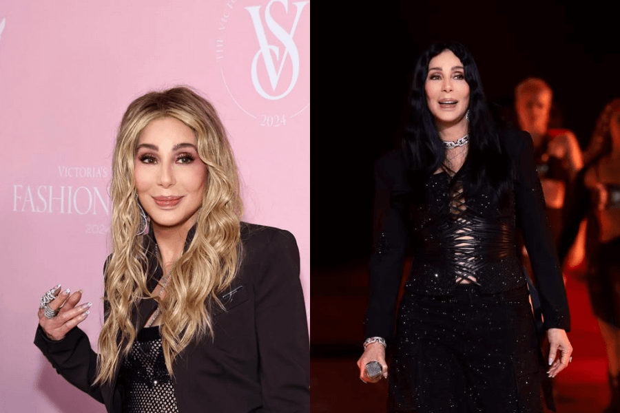 The photo shows a woman at two events: one on a pink carpet in a stylish black outfit with flowing blonde hair, and the other performing on stage in a sleek, edgy black ensemble.