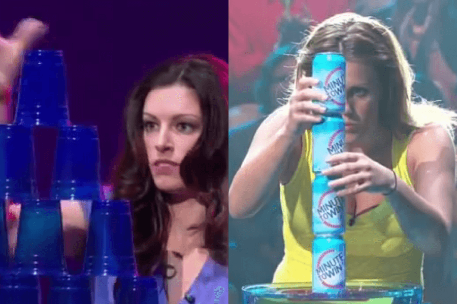 The image shows contestants on the game show Minute to Win It, where they are intensely focused on stacking objects as part of timed challenges. On the left, a contestant carefully builds a pyramid out of plastic cups, while on the right, another contestant stacks cans labeled "Minute to Win It."