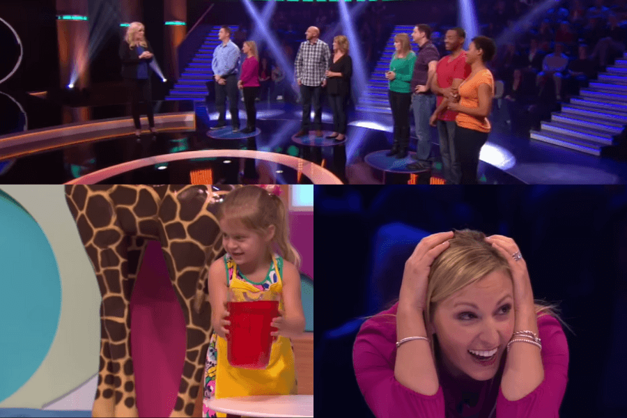 The image shows scenes from the family game show Bet on Your Baby, where parents and family members watch as young children participate in playful challenges. In the top left, the host interacts with adult contestants, likely discussing the upcoming game. In the bottom left, a young child holds a red bucket and stands next to a cutout of giraffe legs, preparing for a fun task. In the bottom right, a mother watches her child with an expression of excitement and nervousness, hands on her head as she eagerly anticipates the outcome. 