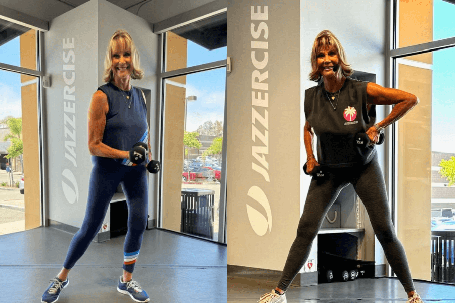 The photo shows a smiling woman performing strength exercises with dumbbells inside a bright studio with large windows, labeled "Jazzercise," highlighting her active and energetic approach to fitness.