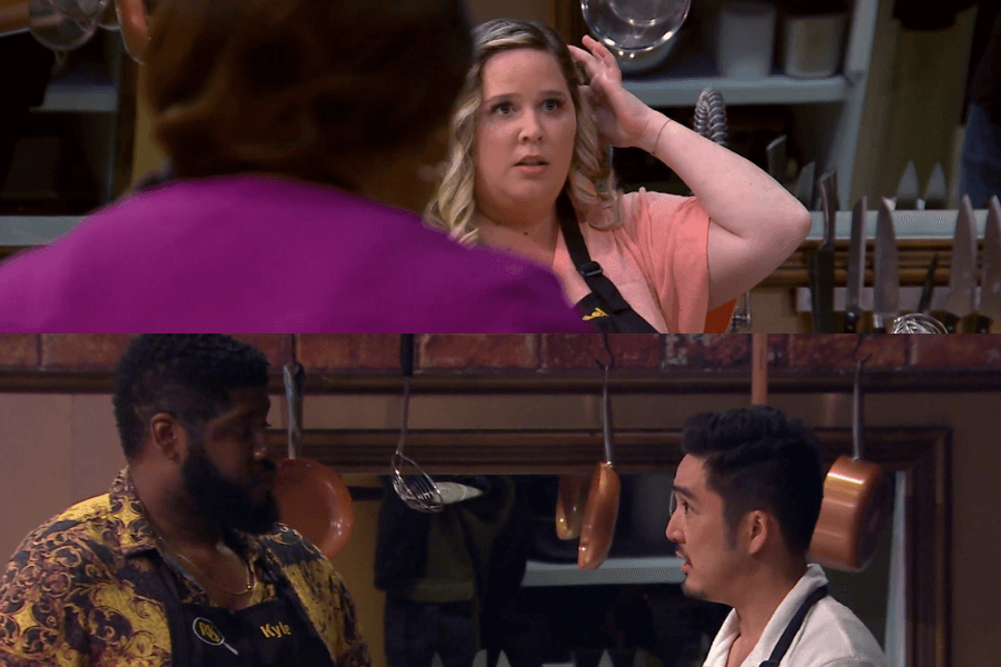 The image shows contestants in a high-stakes cooking competition. In the top part of the image, a contestant looks worried or confused, touching her head as she listens intently, likely receiving instructions or feedback. In the bottom part, two contestants exchange looks, perhaps discussing a challenge or their next steps in the kitchen. 